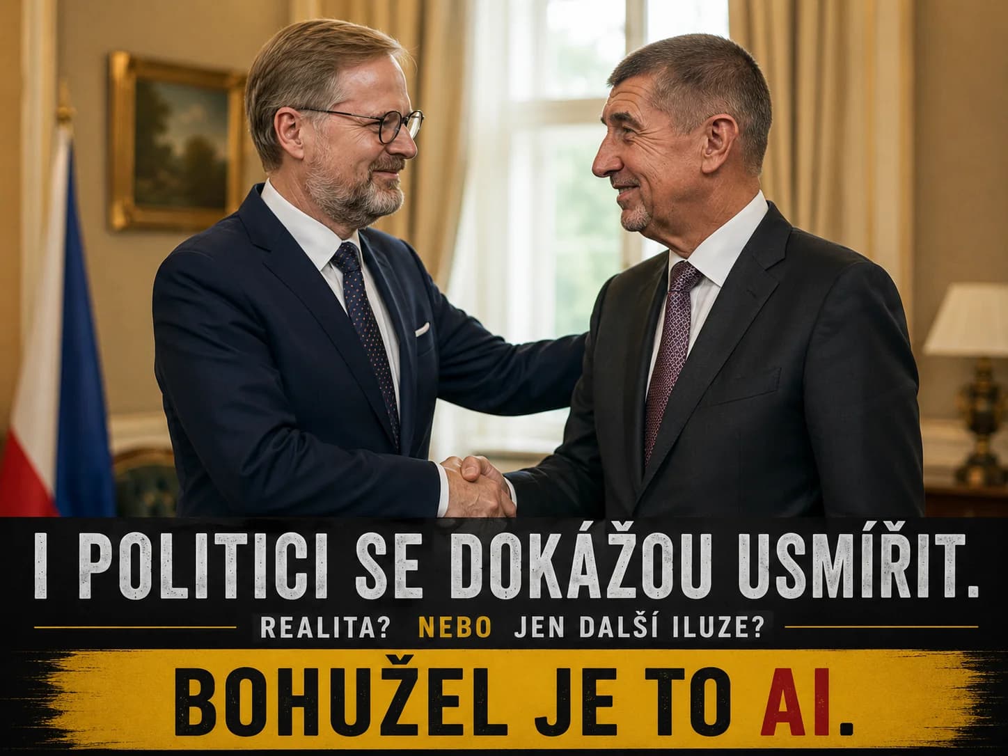 AI generovaná ukázka Petra Fialy a Andreje Babiše při smíření, s popiskem upozorňujícím, že jde o AI