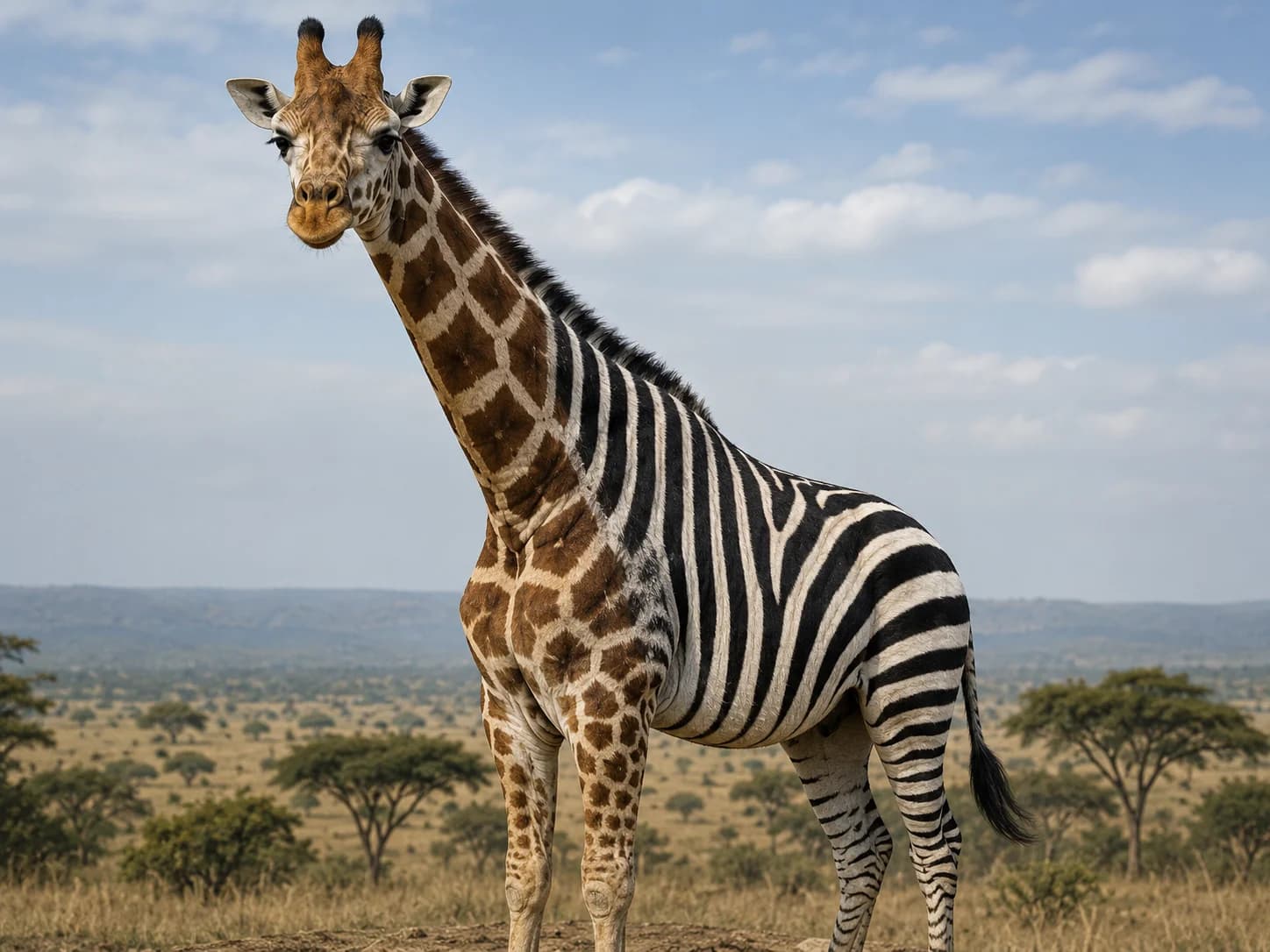 Fotorealistická AI ukázka žirafy se zebřími pruhy